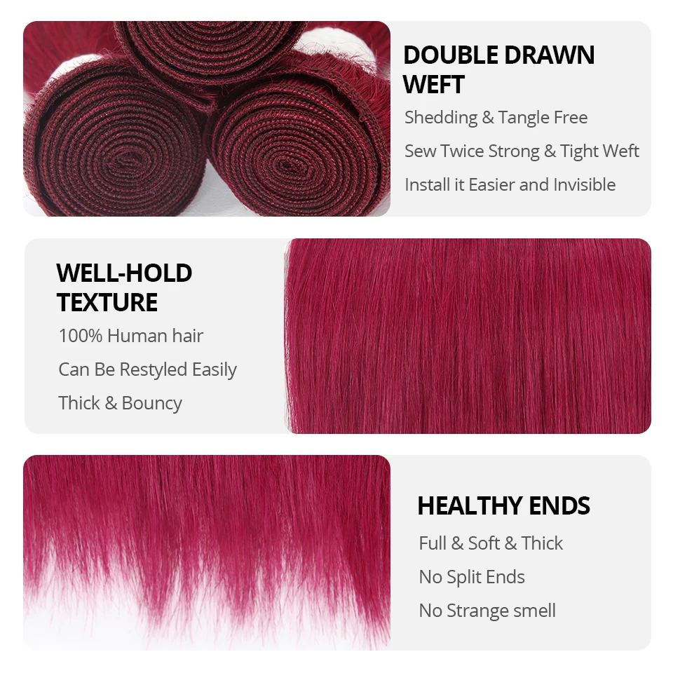 Прямые бразильские человеческие волосы Remy 99J/бордового красного цвета от 8 до 26