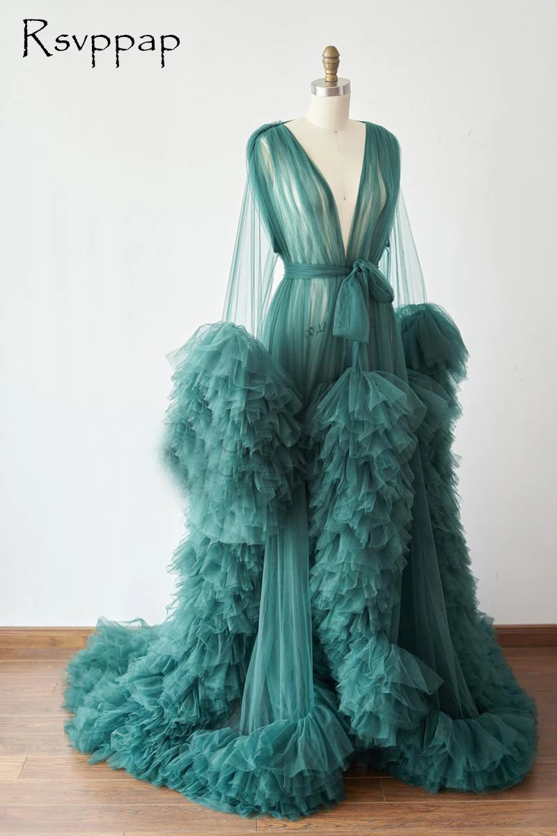 Длинное изумрудно зеленое вечернее платье 2021 с длинным рукавом оборками из тюля