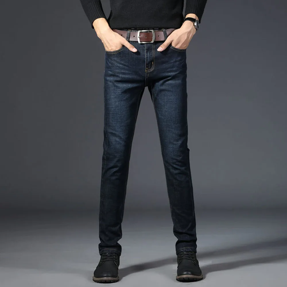 Mens Classic Jeans Solid Color Business Work Pants Straight Denim Casual Pants