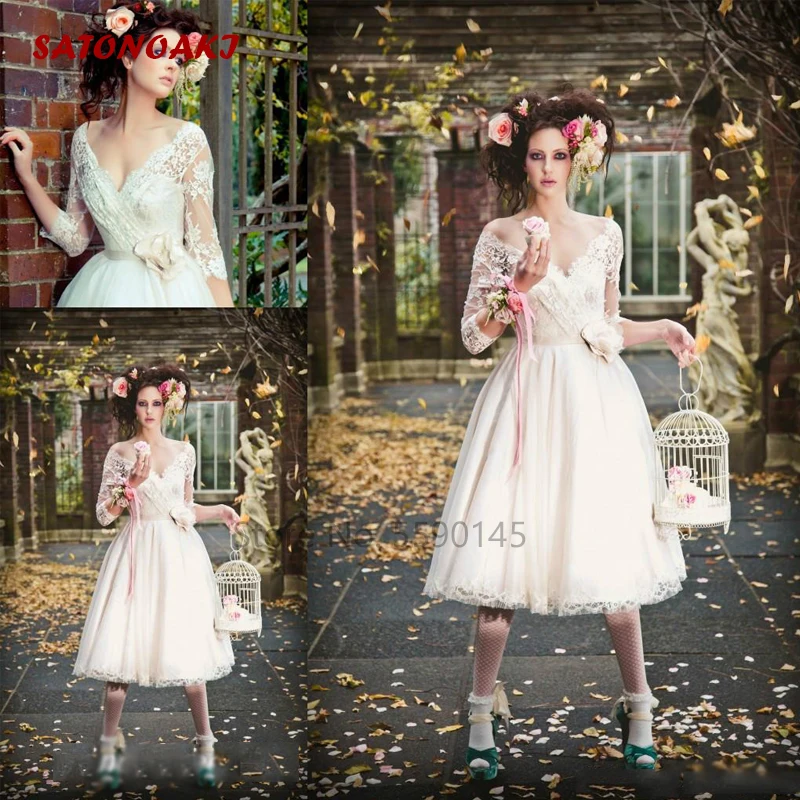

Long Sleeves Short Wedding Dress Knee Length Lace V-Neck A-Line Low Back Bridal Gown Princesa Vestido De Novia Mariage Online