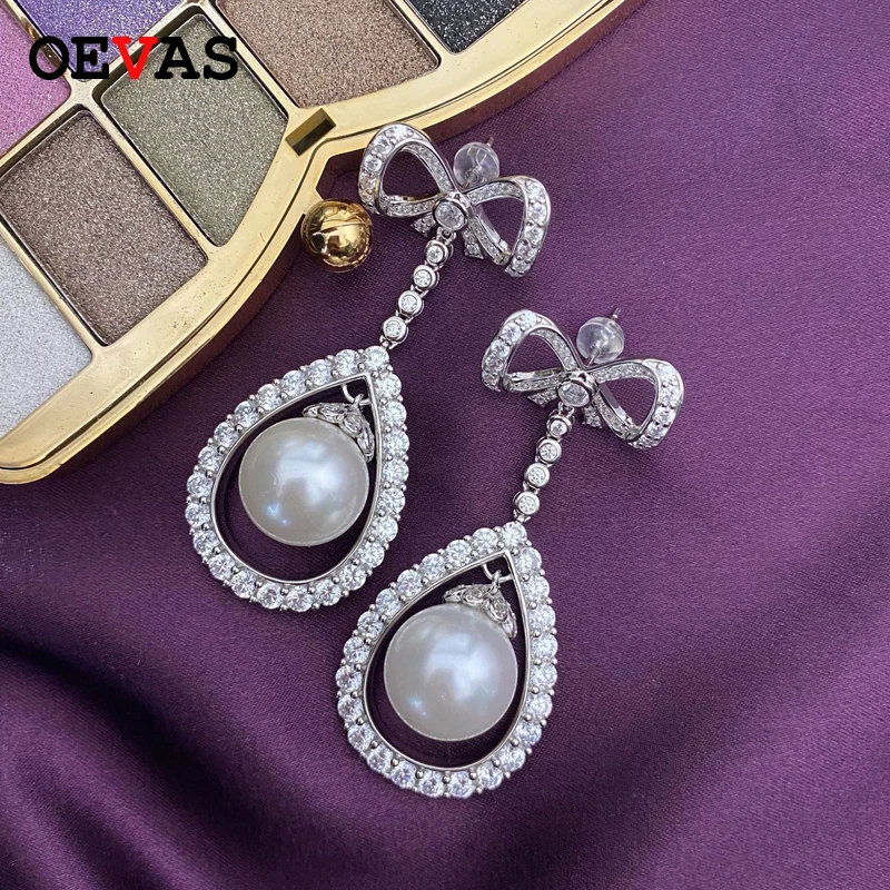 

OEVAS 925 Sterling Silver Pearl Drop Earrings For Women Sparking Full Zircon Bow-knot Water Drop Wedding Party Birdal Jewelry