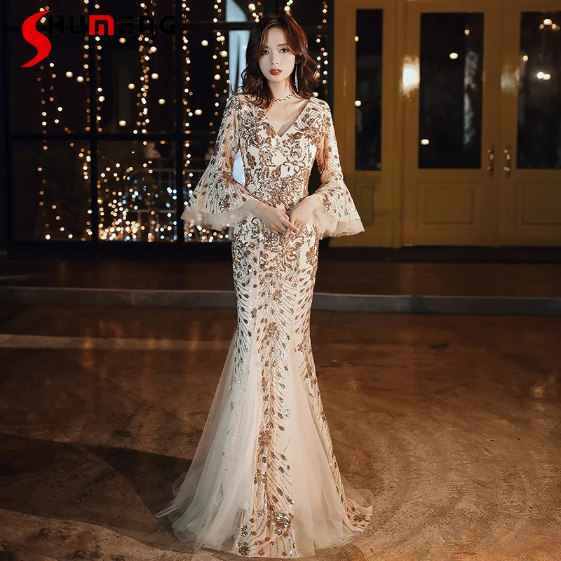 

Woman Long Sparkly Evening Dresses 2022 New Flare Sleeve Sexy Champagne V-neck Mermaid Gold Sequin Dubai Women Formal Gowns