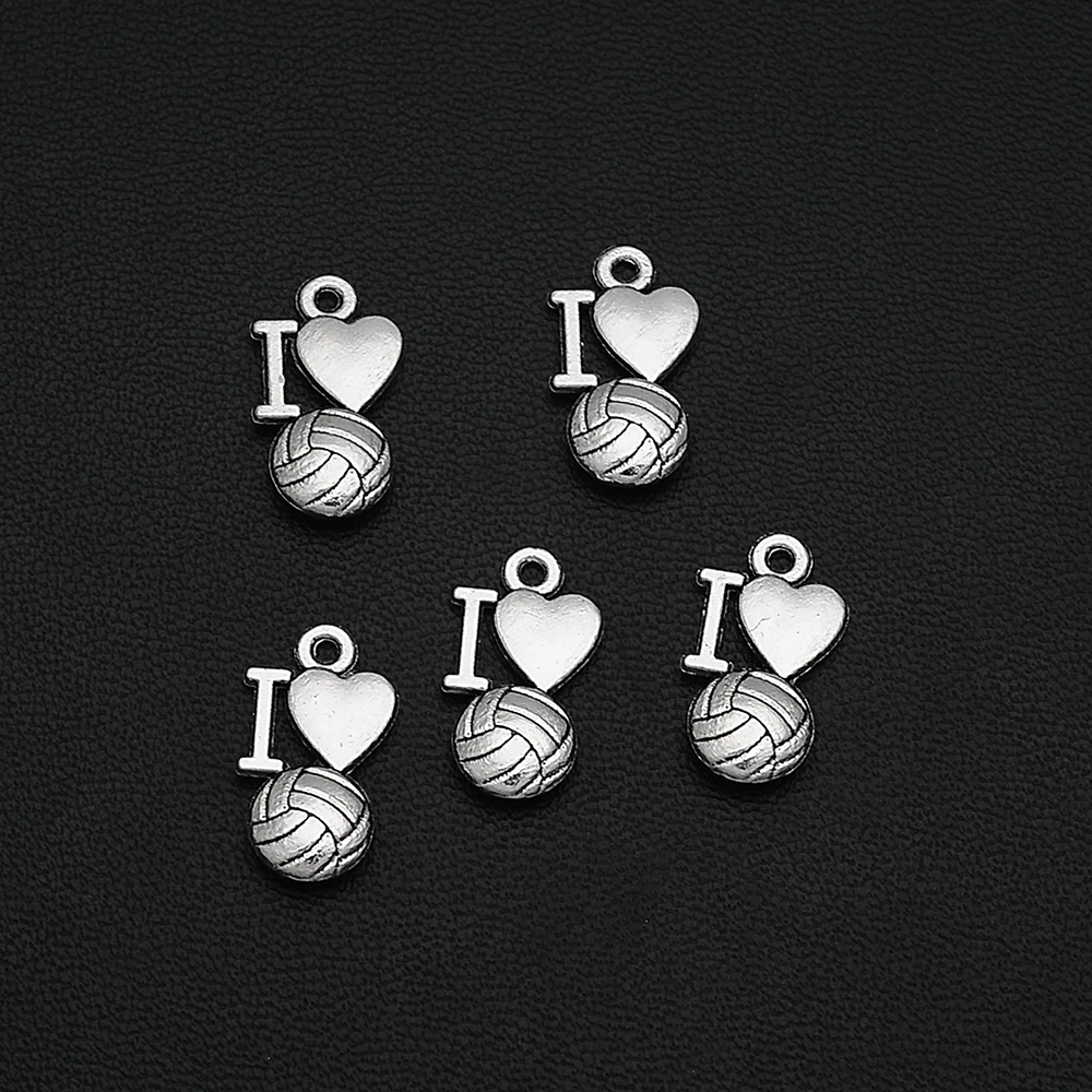 20pcs/Lots 9x16mm Antique Silver Plated I Love Volleyball Charms Sports Pendants For Diy Bracelet Designer Wholesale Accessories