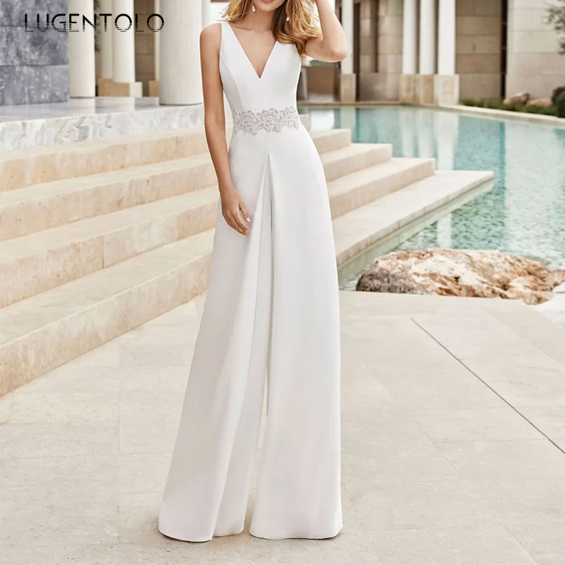 

Lugentolo Elegant Jumpsuit Women Sleeveless V-neck Summer Slim White Party Sexy Straight Empire Long Jumpsuits