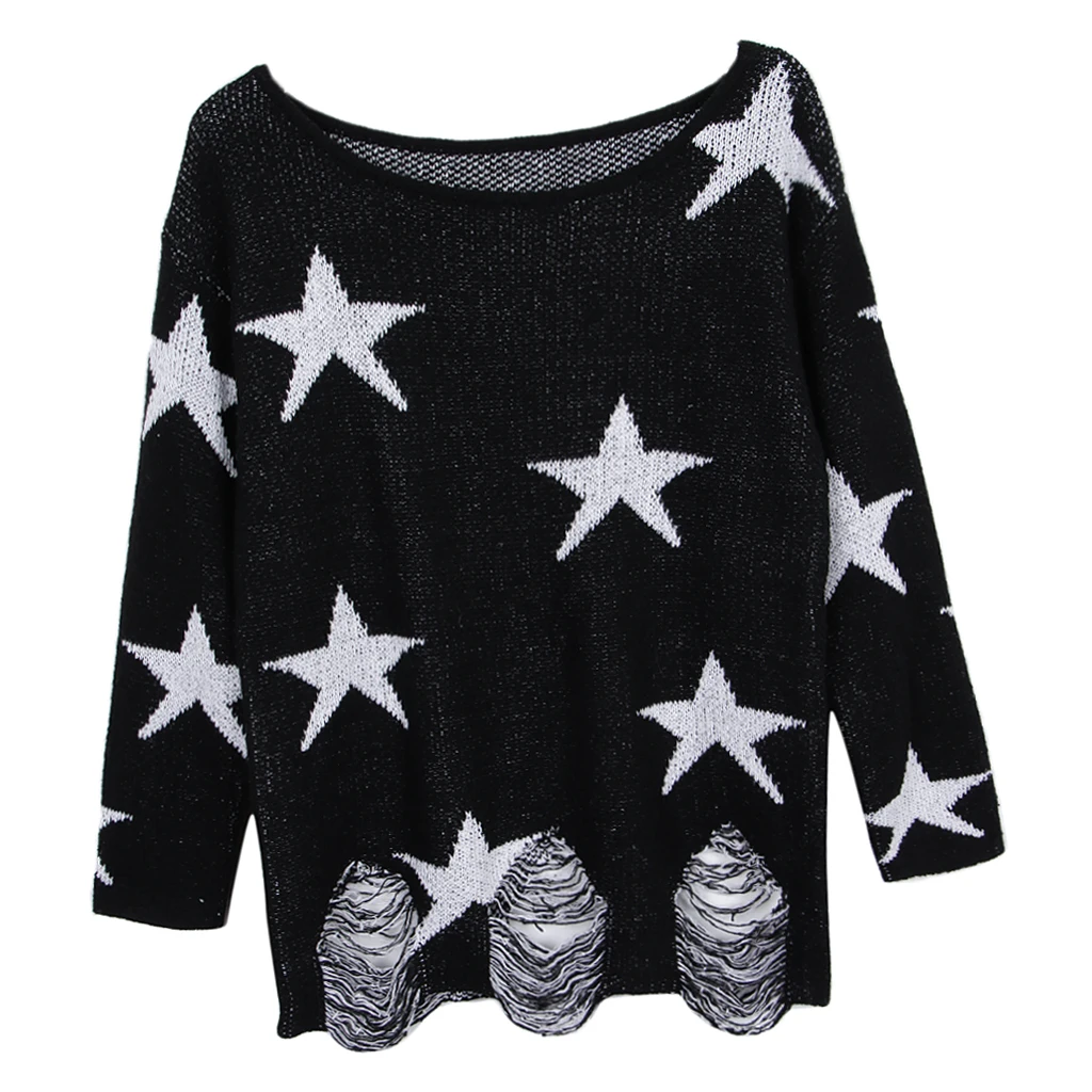 

Women's Black White Stars Knit Sweater Scoop Neck Long Sleeves Fall Pullover