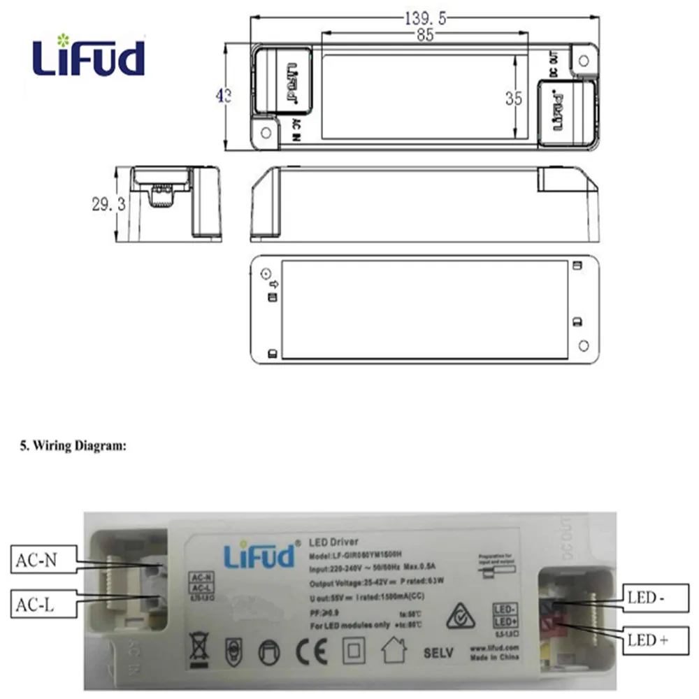 Светодиодный трансформатор Lifud 60 Вт 1400 мА 25-42 в AC220-240V LF-GIR060YM1400H 1-5 шт. - купить по