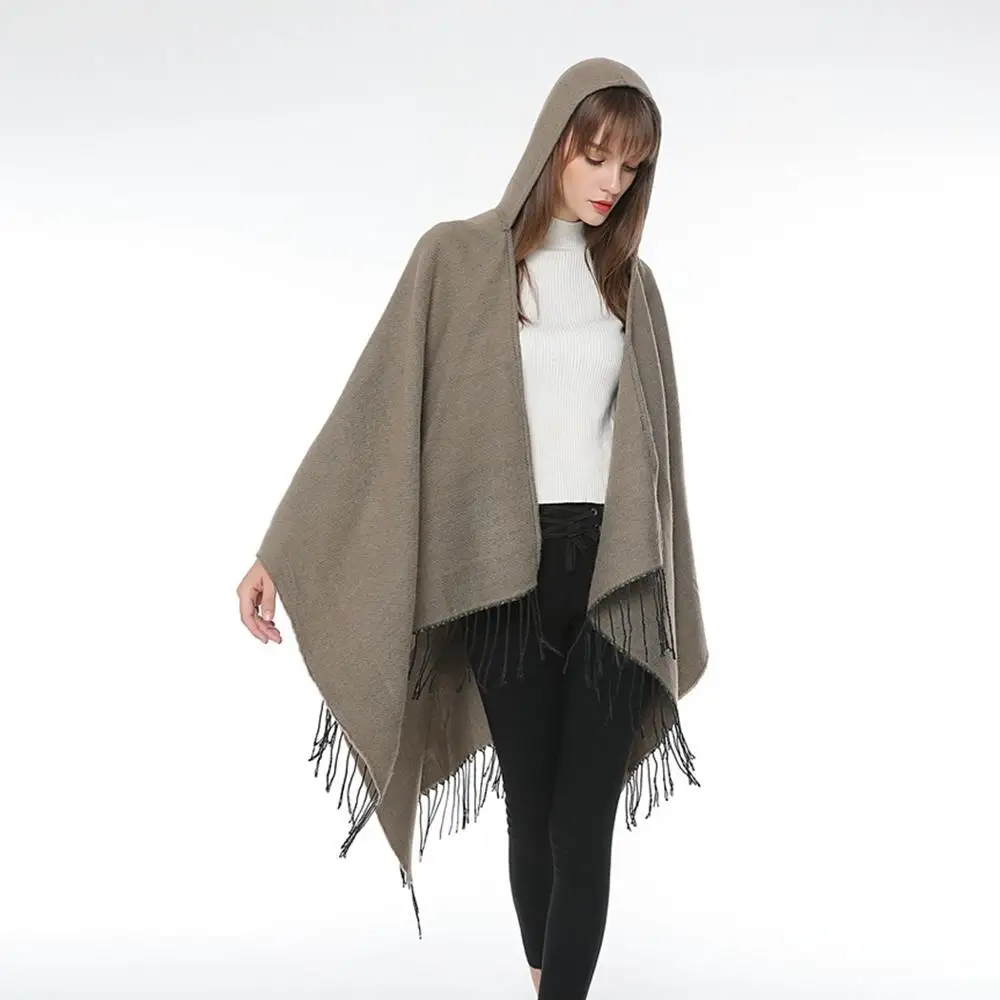 

2020 New European Style Monochrome Imitation Cashmere Hooded Cape Shawl Women