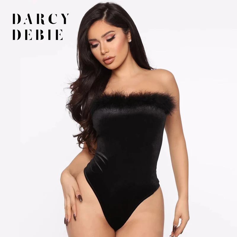 Женский пушистый комбинезон Darcydebie черный облегающий из искусственного меха без
