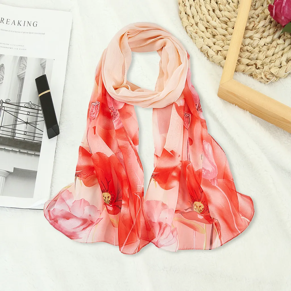 Фиолетовый цветочный принт Женский шифоновый Длинный мягкий шарф Женская шаль