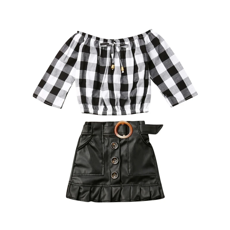 Летняя Клетчатая рубашка принцессы + юбка из искусственной кожи 2 шт. комплекты
