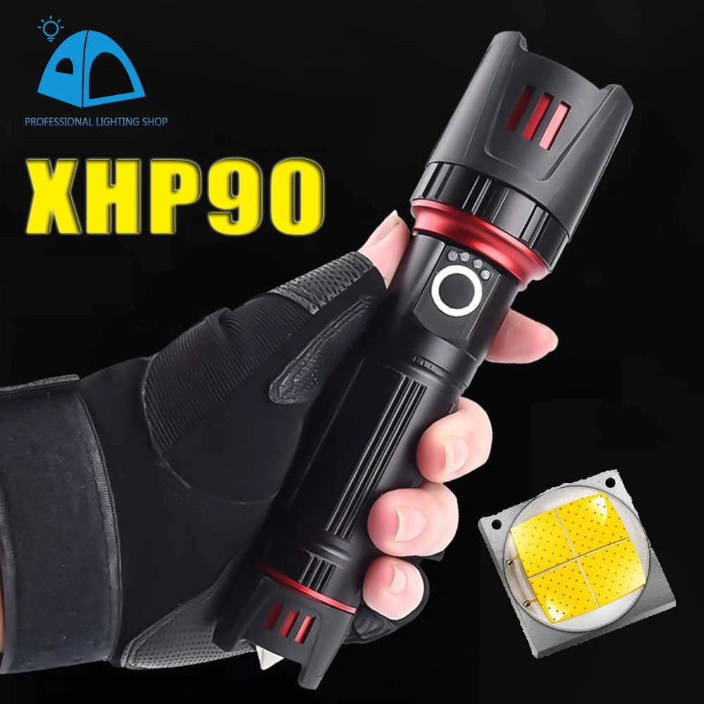 

Powerful XHP90 LED Flashlight USB Rechargeable Torch Tactical Zoom Light Use 26650 Battery Camp Fishing Hiking Lamp Flashlight