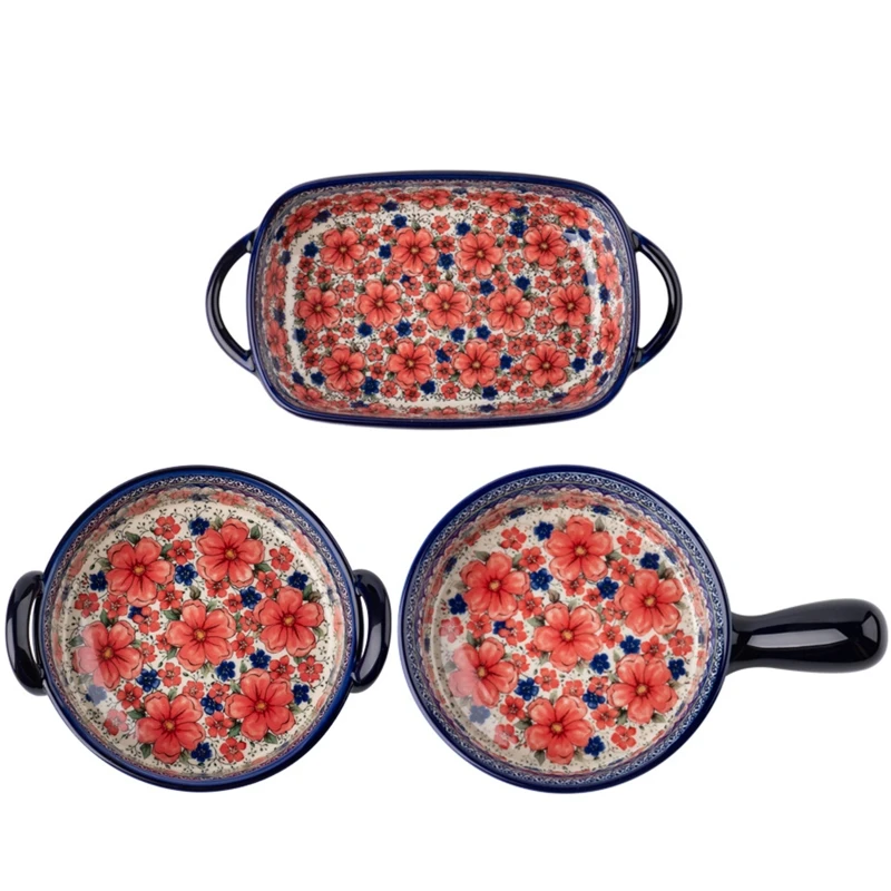 

94PF Retro Binaural Baking Pan Household Hand Painted Salad Plate Ceramic Baking Dish