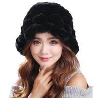 winter warm fur buckets hats women real rex rabbit beanie cap ruffled brim handmade fluffy soft