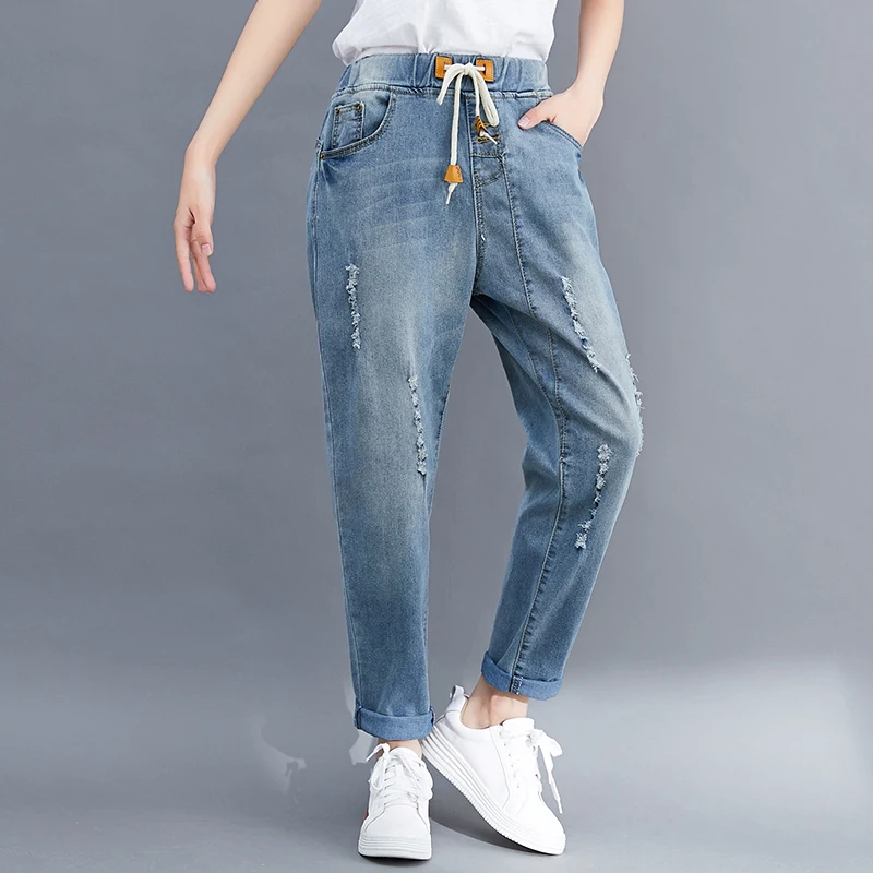 Свободные повседневные винтажные джинсы женские с эластичным поясом светильник