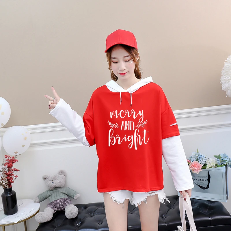 

Popular Merry Chrismats T-shirt Funny Letter Long Sleeve Streetwear Hoody Hip Hop Fashion Cotton Solid Patchwork Sweatshirt To