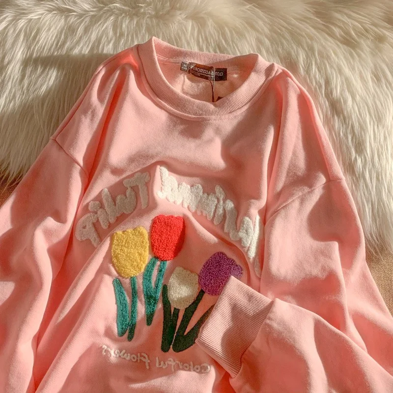 

Pink Flowers Letter Embroidered Oversized Hoodies Vintage Streetwear O Neck Long Sleeve Fashion Kawaii Clothes Sweatshirt 2021