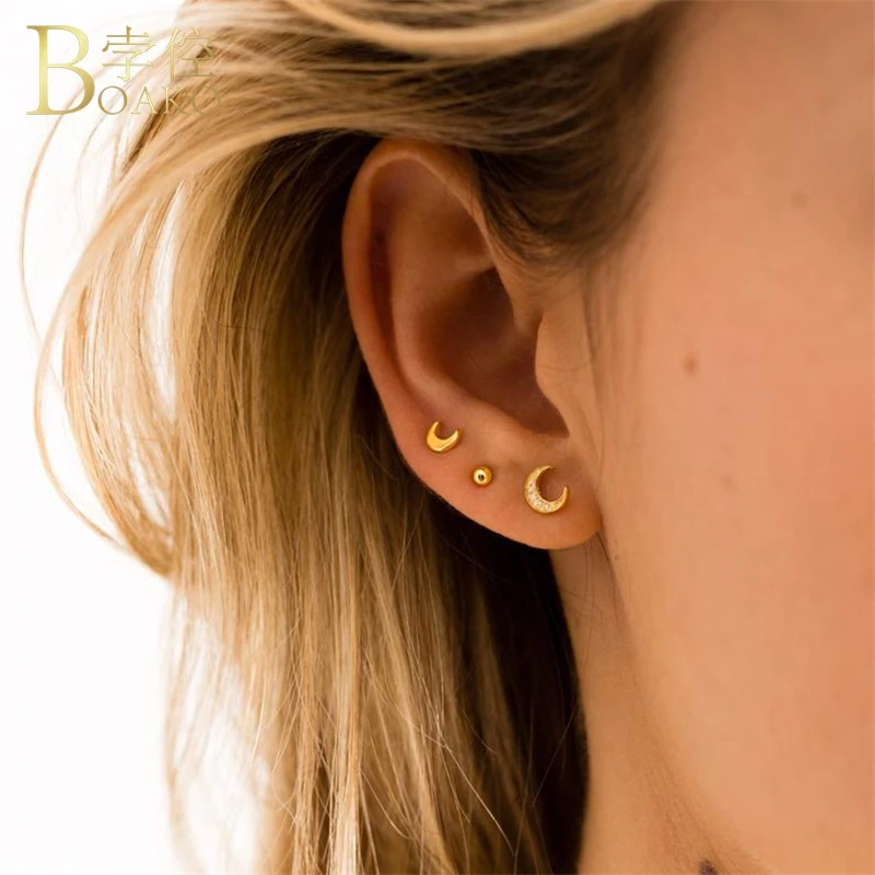 

Dainty 925 Sterling Silver Earrings For Women Moon Earrings Girl Cartilage Ear Bone Stud Earrings Female Small Zircon aretes Z5