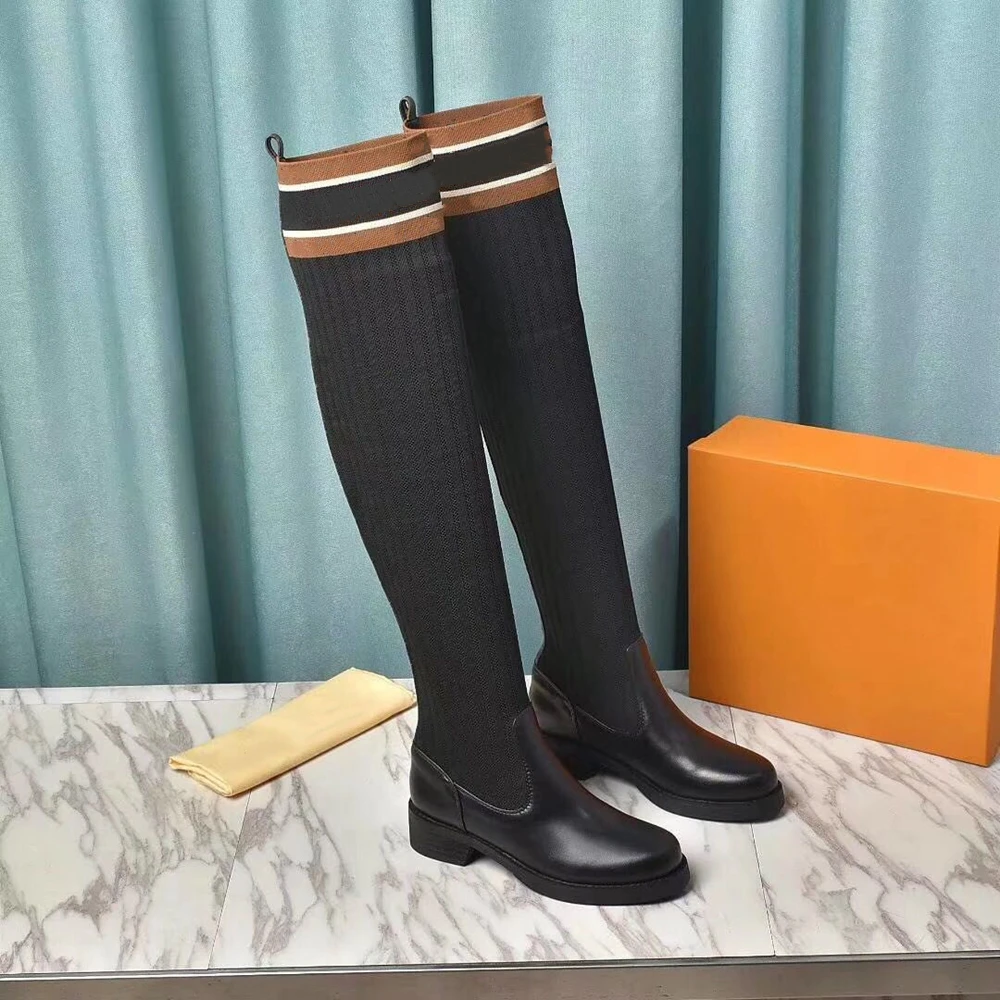 Koop 2021 Herfst Winter Laarzen Luxe Merk Over De Knie Laarzen Lederen Vrouwen Schoenen Populaire Dames Schoenen Grote Maat 35-42