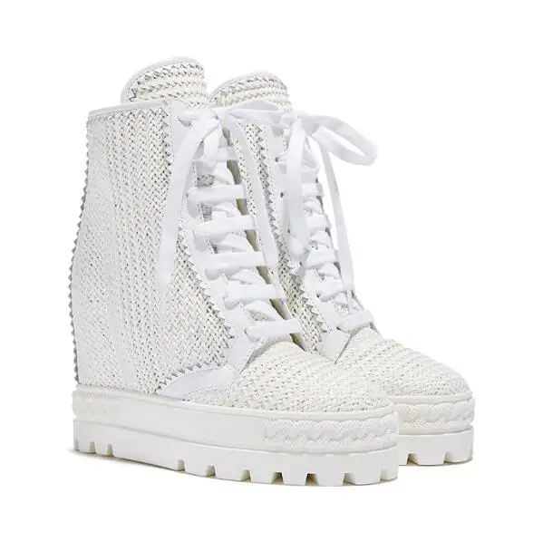 

New Woman Fashion White Khaki Lace Up High Top Ironic Sneakers Female 8 cm Hidden Wedge Platform Short Ankle Boots Woman