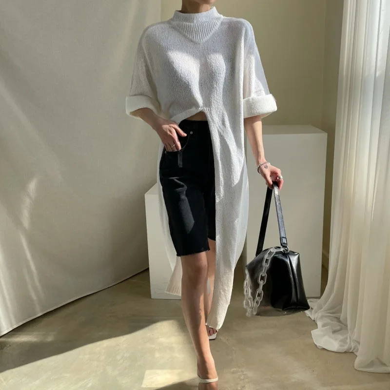 

Модный длинный женский свитер с высоким воротником и разрезом, осень-зима 2021, вязаные топы, элегантные свободные женские вязаные пуловеры