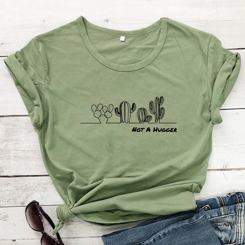 

Not A Hugger 100% Cotton T-shirt Funny Introvert Cactus Tshirt Cute Women Short Sleeve Gardening Plant Tee Top