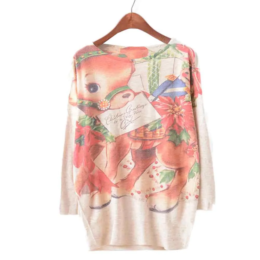 Women's Sweater New Batwing Sleeve Round Neck Christmas Print Autumn Winter Fashion Casual Warm Loose Comfortable Jumper#S