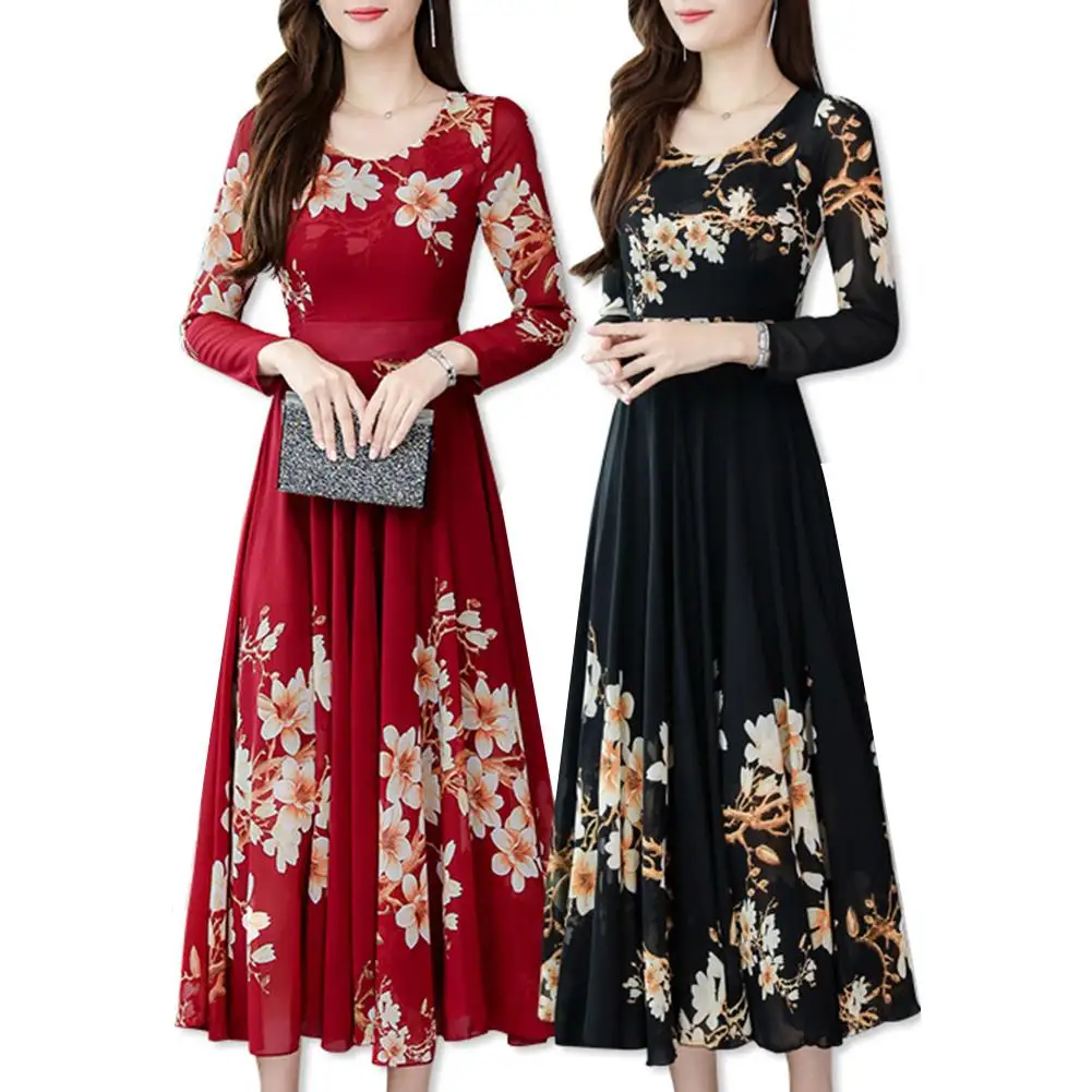 

Women Elegant O Neck Long Sleeve Floral Print Large Swing Maxi Dress Suitable for evening party banquet cocktail gifts