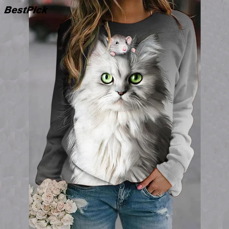 

2021 New Cute Cat Print Casual Women Sweatshirts Plus Size Loose Crewneck Long Sleeve Hoodies Sweatshirt Streetwear Pullover Top