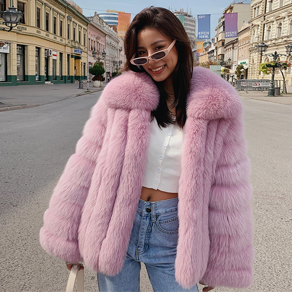 Light Pink Real Fox Fur Coat for Women Winter Outwear Thick Warm Turn-down Collar Natural Fox Fur Jackets Genuine Female Luxury enlarge