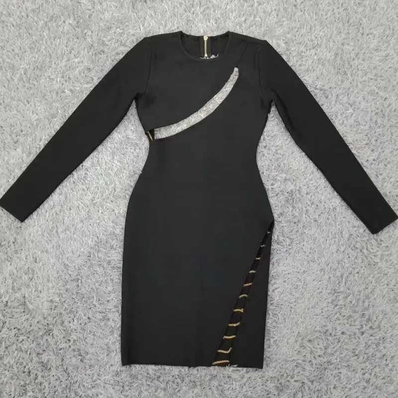 

Sale New Winter Women Sexy Designer Chain Hollow Out Black Bandage Dress Ladies Backless Elegant Bodycon Party Dress Vestido