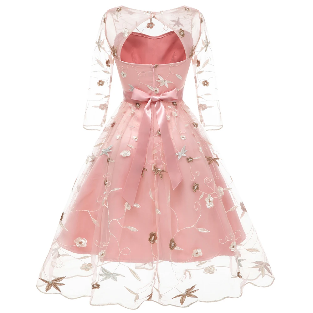 

2021 Newest Sexy Women Prom Dress 3/4 Sleeve Embroidered Lace Three-Layer Mesh Dress Casual Party Elegant Bridesmaid Dresses