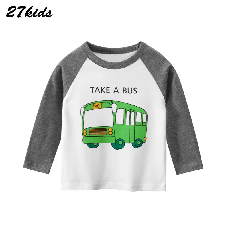 

27Kids Kids Boys T-shirts Baby Long Sleeve Cartoon Bus Tops For Children Autumn Cotton Sweatshirt 2-9 Years Boy Girl T Shirts