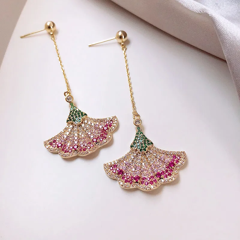 

Korean Luxury Color Zircon Long for Women Pendant Earrings Fashion Flower Crystal Statement Earrings Bride Wedding Jewelry Gift