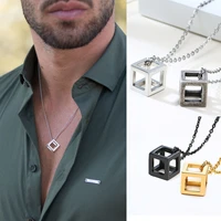 modern minimalist cube necklace mens geometric pendant stainless steel 3d designed hipster man jewelry