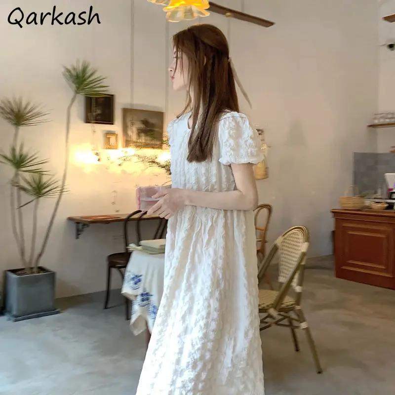 

Puff Sleeve Dress Round Neck High Waist Summer Mid-calf Folds Chic Elegant Tender Kawaii Fresh Simple Fairy Princess Korean Ins