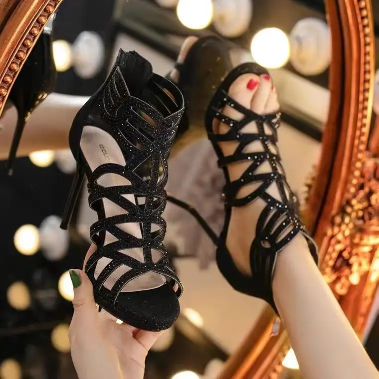 

High heels women's stiletto heel 2021 summer new fashion fish mouth rhinestone Roman style sandals with high heel 9CM