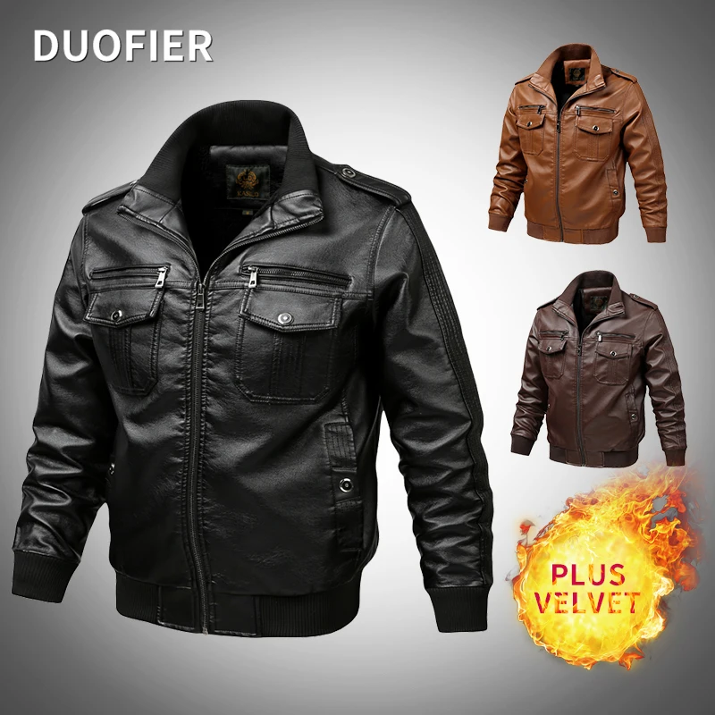 Мужская зимняя куртка из ПУ кожи с флисовой подкладкой и воротником