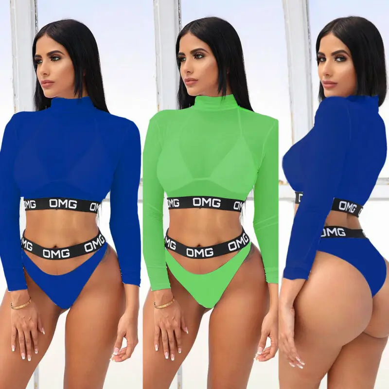 Комплект бикини женский из 3 предметов с длинным рукавом и сетчатым