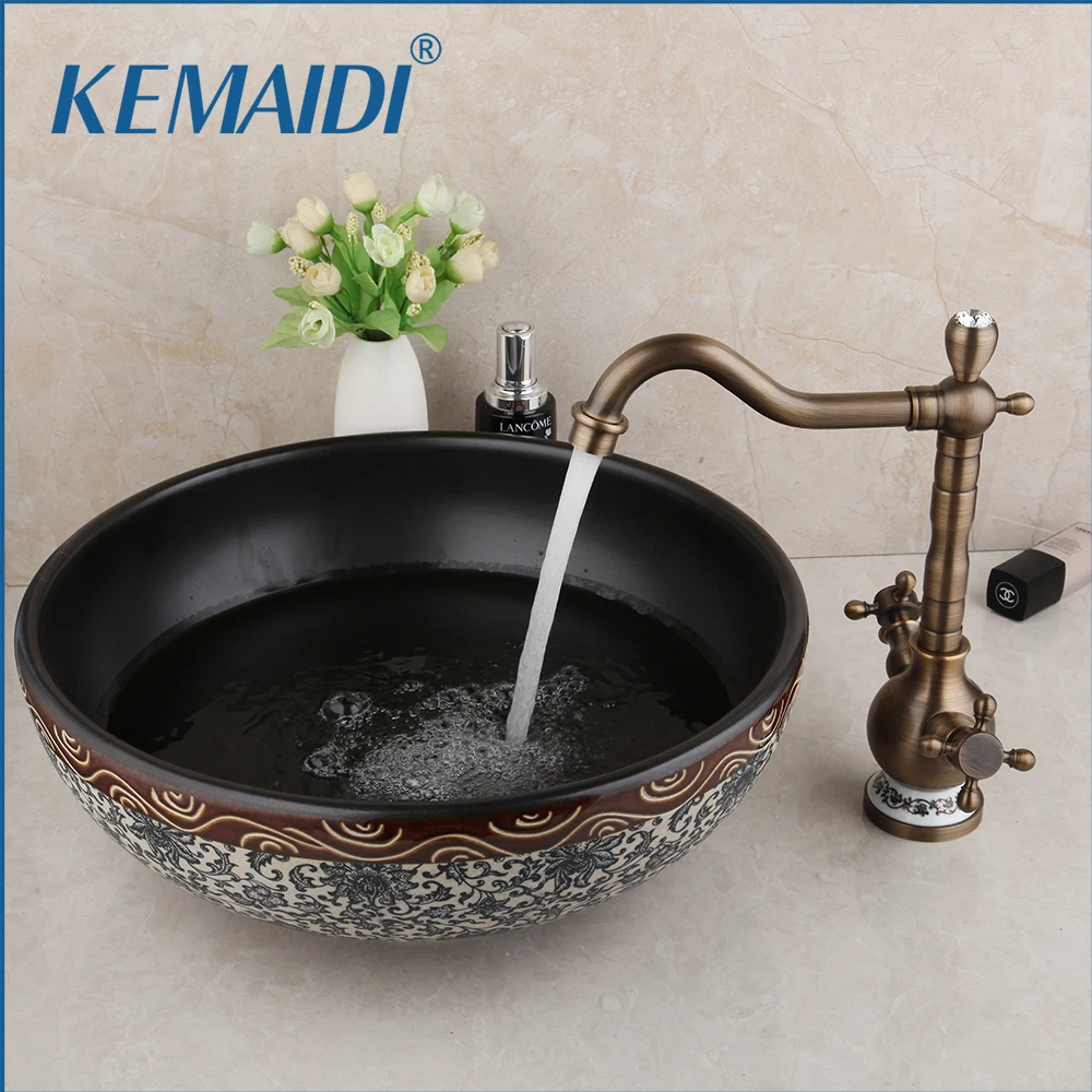 KEMAIDI Round Bowl Sinks Vessel Basin Bathroom Washbasin Ceramic Sink Antique Brass Mixer Faucet | Обустройство дома