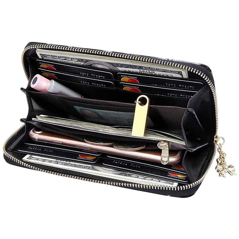 Кошелек из натуральной кожи с вышитым принтом длинный карман на молнии для монет