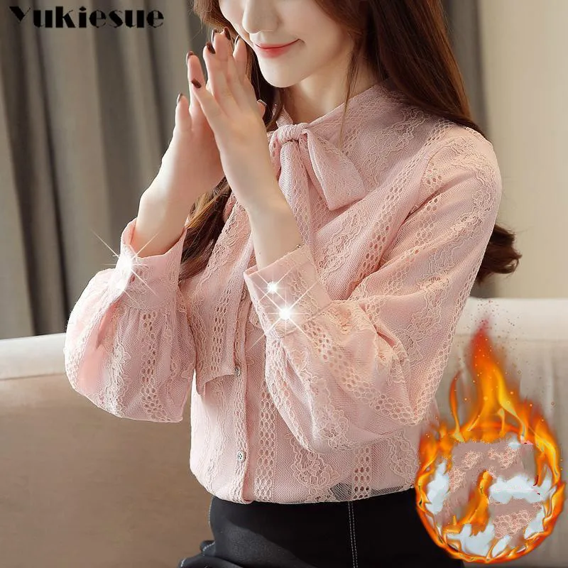 Зимняя теплая женская блузка кружевная элегантная Офисная Женская модные топы с