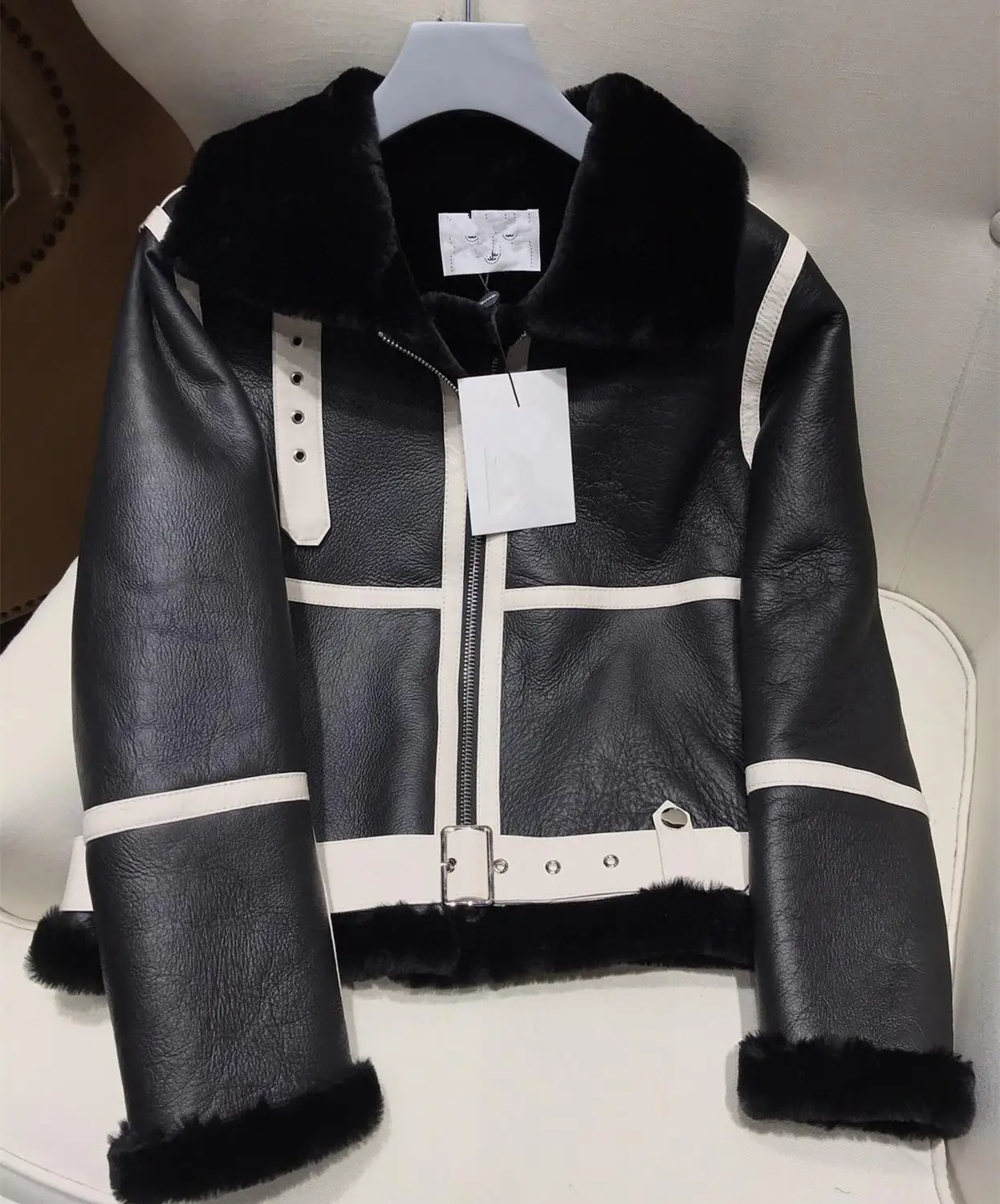 

Real Merino Sheep Fur Genuine Leather Double-faced Fur Coat Winter Jacket Women Moto Biker Thick Warm Natural Luxury