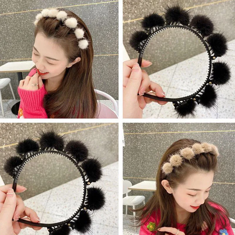Faux Fur Pompom Non-Slip Hairband Headband Women Hair Bands Hoop Claws Clips Double Bangs Hairstyle Hair Accessories Hairpins