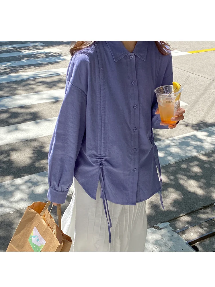 Slub Texture Drawstring Shirt Lantern Sleeve Autumn Top For Women | Женская одежда