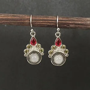 J Boho, зеленый камень, маленькие висячие серьги, для женщин, полые серьги, висячие, серебряный цвет, винтажные индийские ювелирные изделия, крючок, серьги, этнические, DBE043 - Окраска металла: J