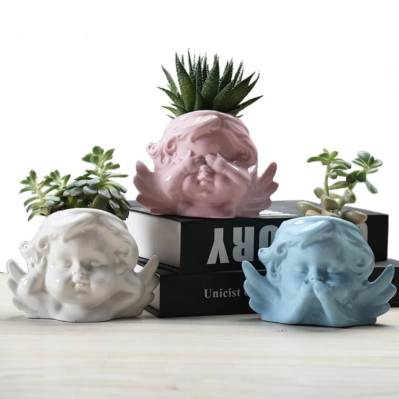 

Nordic 12cm Ceramic Cute Angel Head Flower Pot Cactus Succulents Plants White Flower Vase Home Wedding Decoration Bonsai Pot