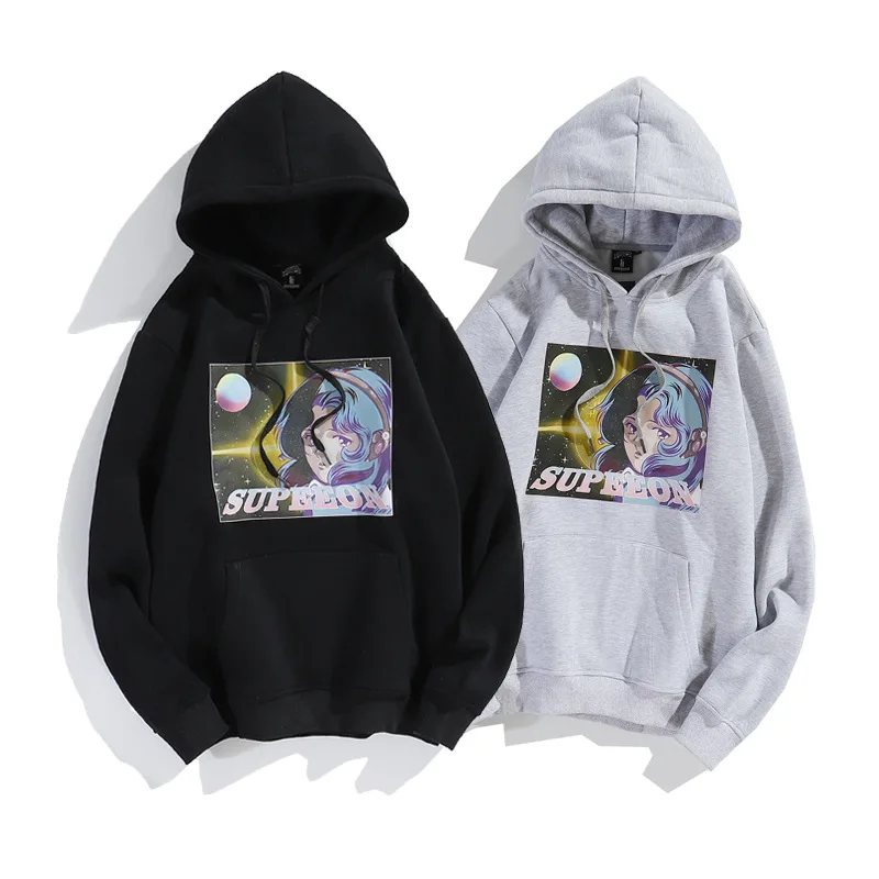 2021 Autumn Winter New Streetwear Cartoon Girl Printing Men Loose Couples Plus Fleece Pullover Hoodie Sweatshirt Hip Hop Tops