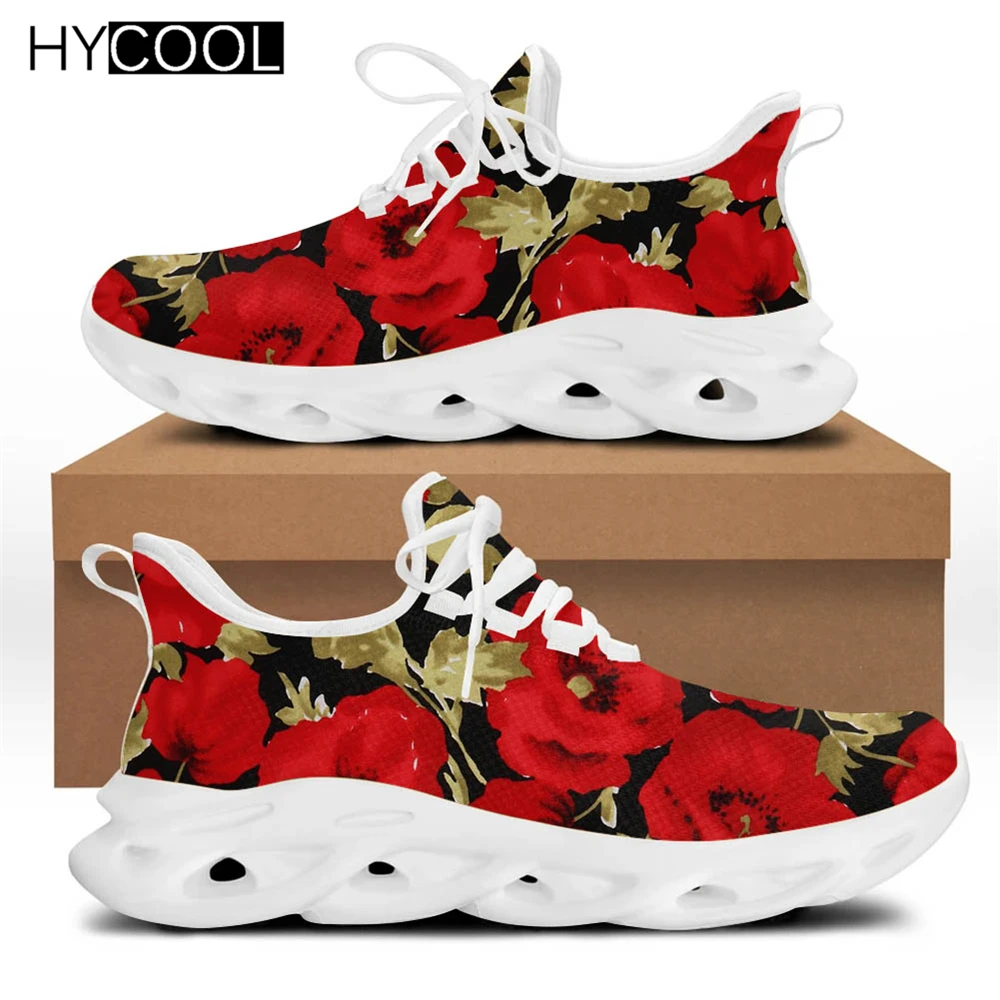 

HYCOOL Vintage Poppy Flower Design Lace Up Sport Sneakers Women Air Mesh Gym Running Footwear Zapatillas De Mujer Plus Size