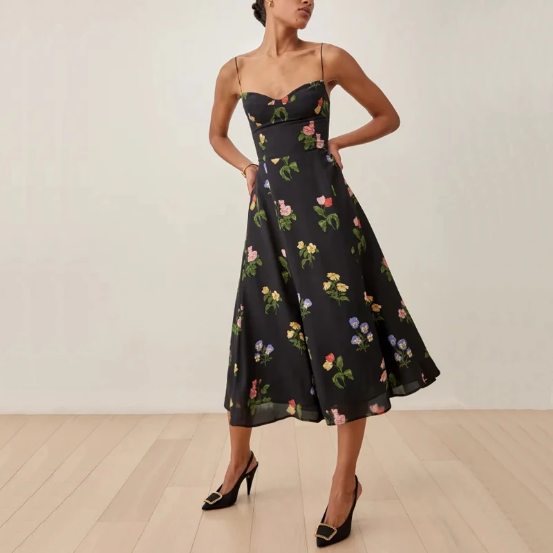 

Summer women's casual flower print slim-fit suspender dress