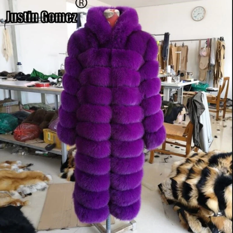 

Новинка 2021, роскошные длинные пальто с капюшоном Lauching из лисьего меха, великолепная модная женская верхняя одежда из натурального Лисьего меха